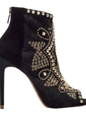 Zara Woman Black Suede Leather Gold Stud Peep Toe Stiletto Ankle Boots EU 39